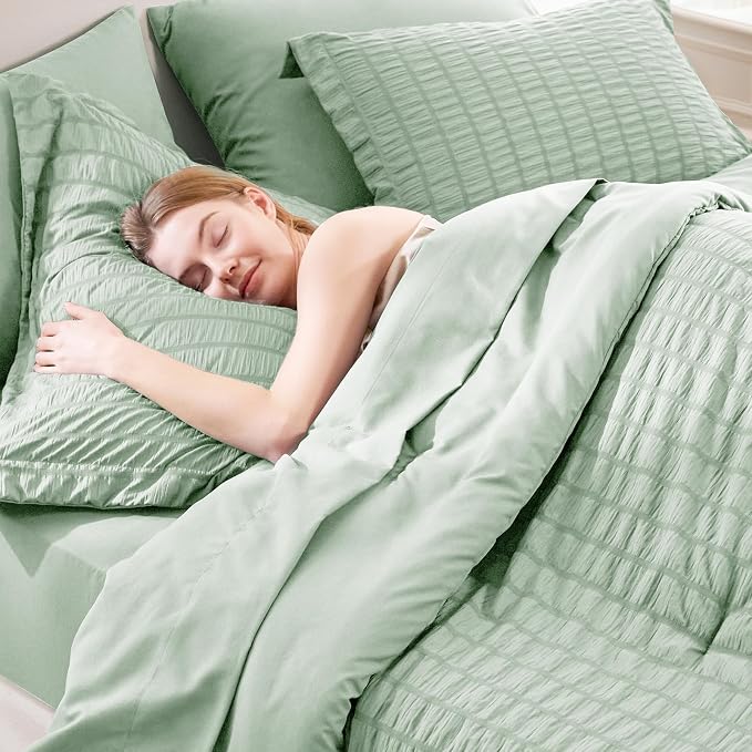CozyLux King Size Comforter Set Sage Green Seersucker 7 Pieces Bed in a Bag - Image 7