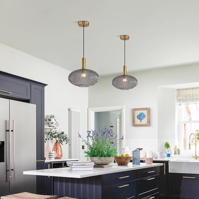 KCO Lighting Mid Century Modern Gold Glass Pendant Lighting Smoke Grey Globe - Image 4