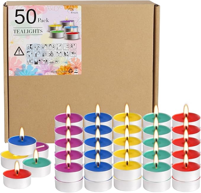 50 Pack Unscented Assorted Colors Tealights Candle - Image 2