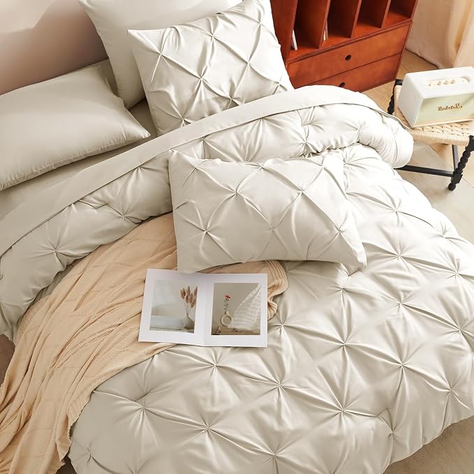 CozyLux King Size Comforter Set Beige, 7 Pieces Bed in A Bag Beige Comforter - Image 4