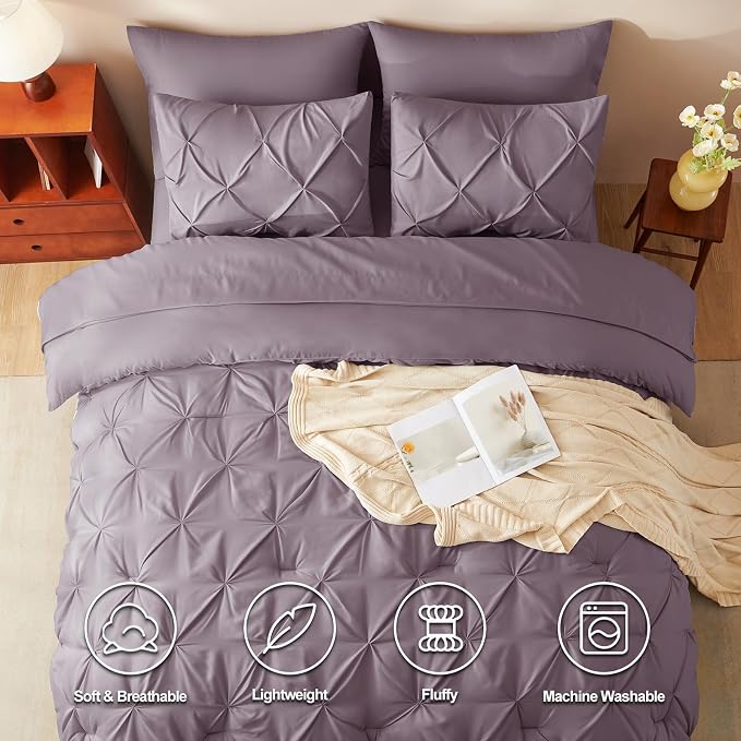 HIMEET Pintuck Bed in a Bag, 7 Pieces Full Size Comforter Set Dusty Purple - Image 2