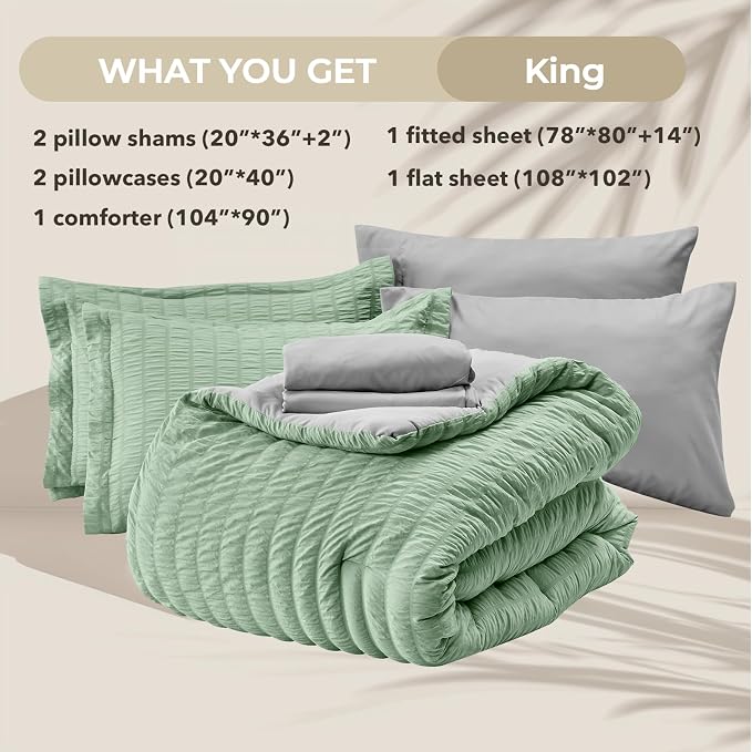 HYMOKEGE Sage Green/Light Grey King Size Comforter Set Seersucker 7 Pieces - Image 6