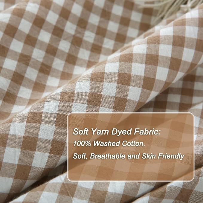 Silnuo Taupe/White Plaid Ruffle Duvet Cover Queen Size, 100% Washed Cotton 3 - Image 6