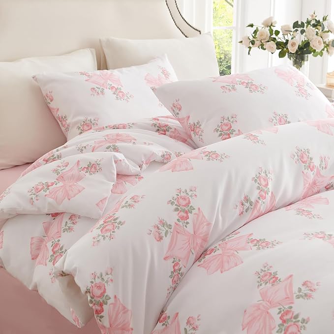 Nayoroom Pink Bow Duvet Cover Full Size Coquette Pink Floral Duvet Cover 3 - Image 5
