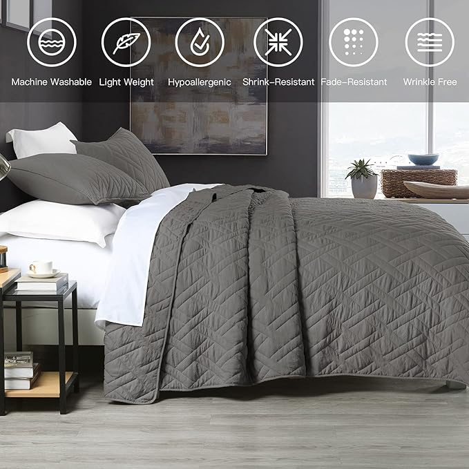 HORIMOTE HOME Quilt Set Twin Size Grey, Classic Geometric Diamond Stitched - Image 5