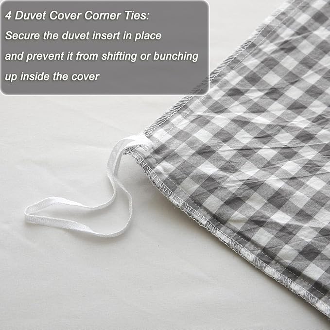 Silnuo Grey/White Checkered Ruffle 3-Piece Duvet Cover Set King Size, Washed - Image 7