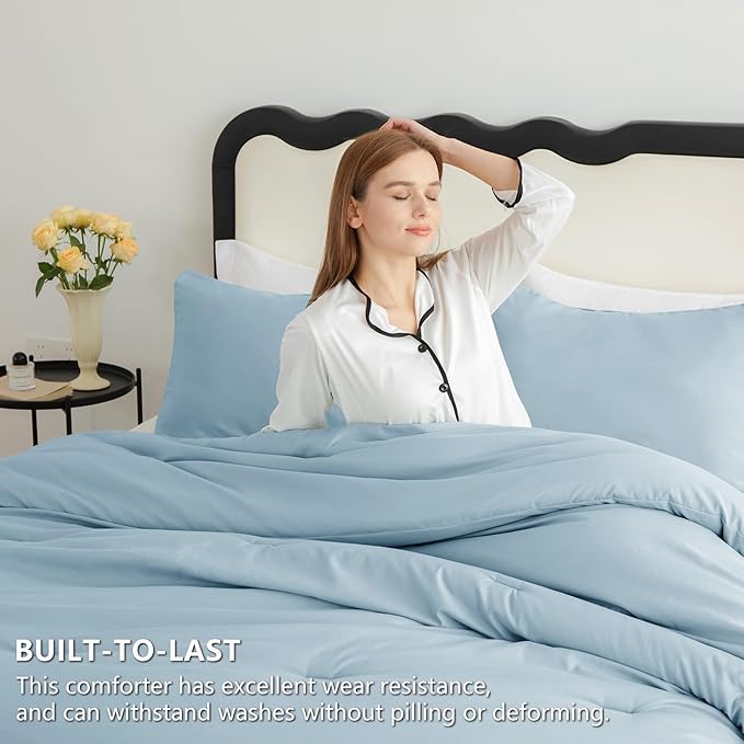 CozyLux Full Size Comforter Set Light Blue, 3 Pieces Solid Breathable Quilted - Image 3