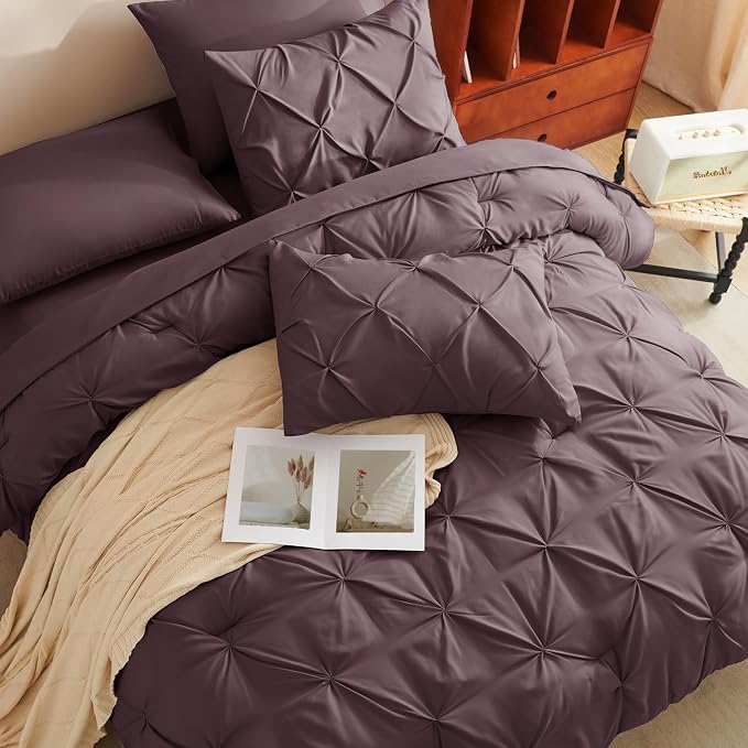 CozyLux Queen Comforter Set Cocoa Powder, 7 Pieces Pintuck Bed in A Bag - Image 7