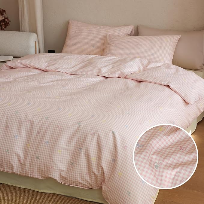 mixinni Gingham Duvet Cover Full Size, 100% Cotton Light Pink and White Gingham - Image 3