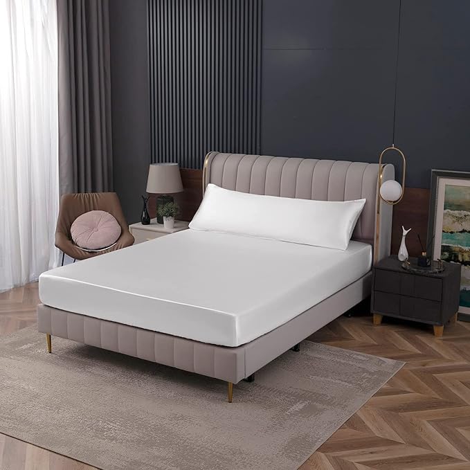 Homiest White Satin Fitted Twin XL Size Bed Sheet, Deep Pocket, Luxury & Ultra - Image 7