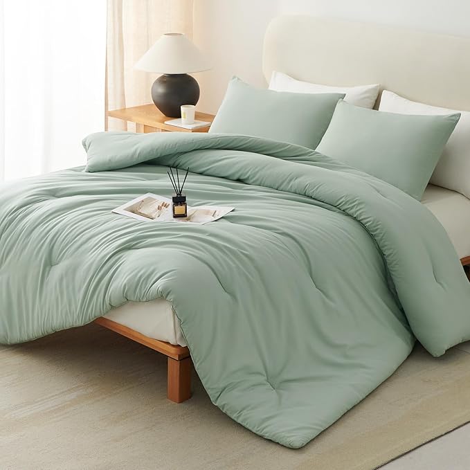 CozyLux Full Size Comforter Set Sage Green, 3 Pieces Solid Breathable Quilted by CozyLux