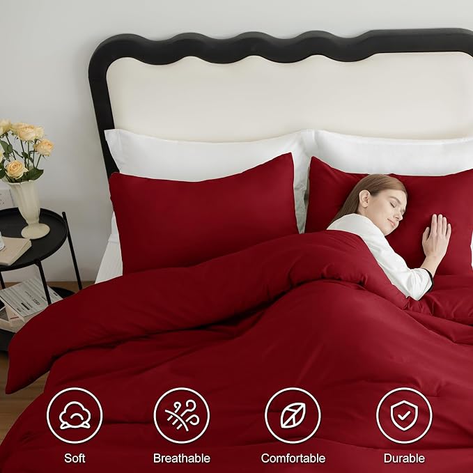 CozyLux Oversized King Comforter Set Dark Red, 3 Pieces 120x98 Solid Breathable - Image 5
