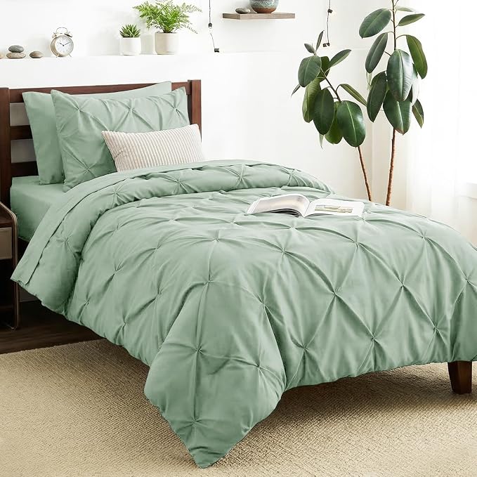 CozyLux Twin XL Comforter Set Sage Green, 5 Pieces Twin Extra Long Pintuck Bed by CozyLux