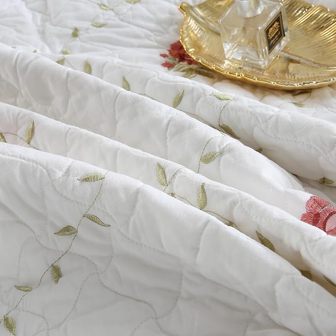 ROOMLIFE Quilt Set King Size 3D Floral Peony Embroidery Pattern 3-Piece Cotton - Image 9