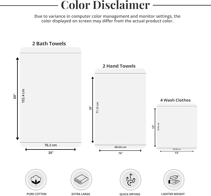 Tens Towels Pack of 8 Towels Set, 2 Extra Large Bath, 2 Hand, 4 Washcloths - Image 7
