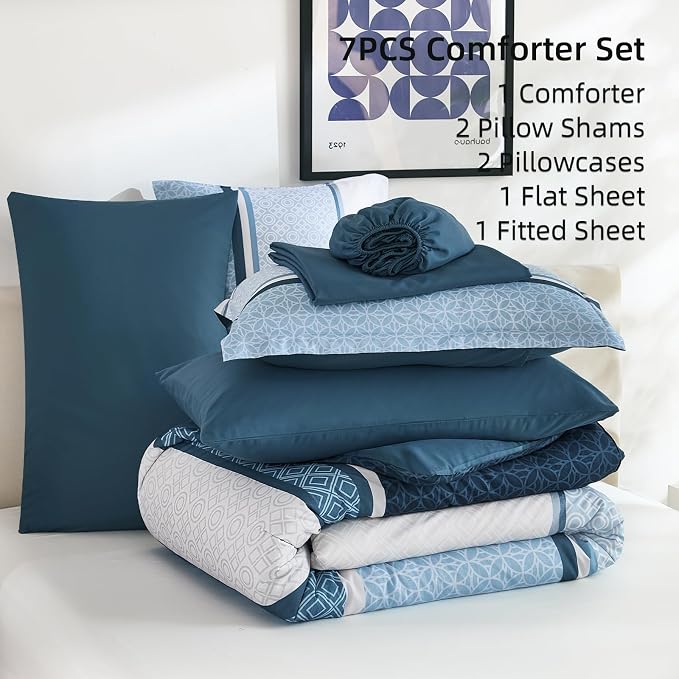 WONGS BEDDING Navy Blue King Comforter Set 7 Pieces, Boho Striped Bed in a Bag - Image 6