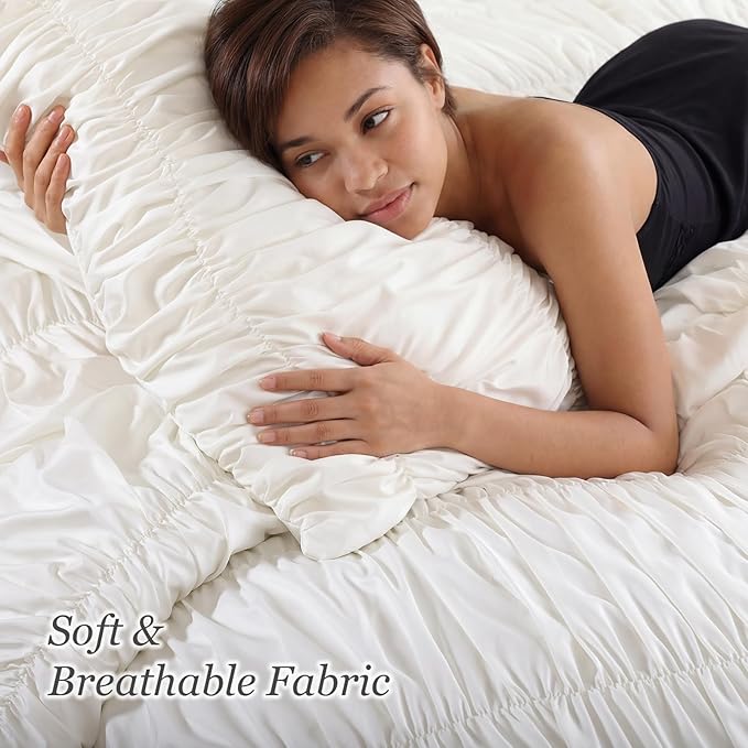 weigelia Cream Comforter Set King – Textured Ruched Cream Ivory King Comforter - Image 3