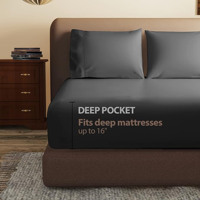 100% Egyptian Cotton Fitted Sheet Black, 600 Thread Count, 8-16" Deep Pocket - Image 3