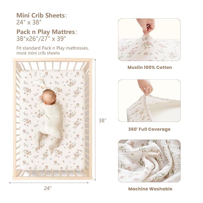 Konssy Muslin Mini Crib Sheets, 100% Soft Cotton Pack and Play Sheets - Image 3