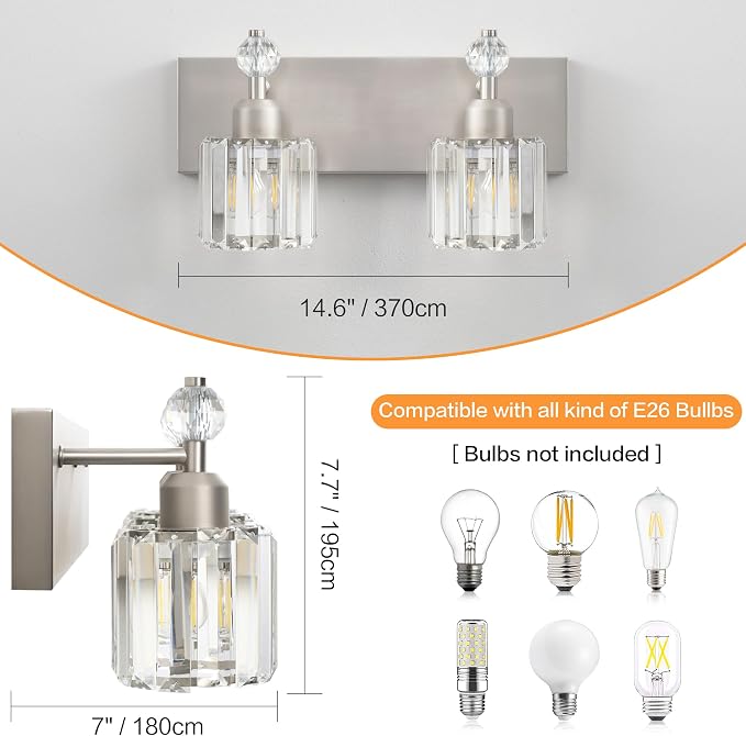 PRESDE 2-Light Crystal Bathroom Vanity Light, Brushed Nickel Modern Bath - Image 3