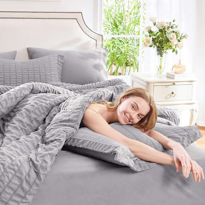 CozyLux King Size Comforter Set Grey Seersucker 7 Pieces Bed in a Bag King - Image 7