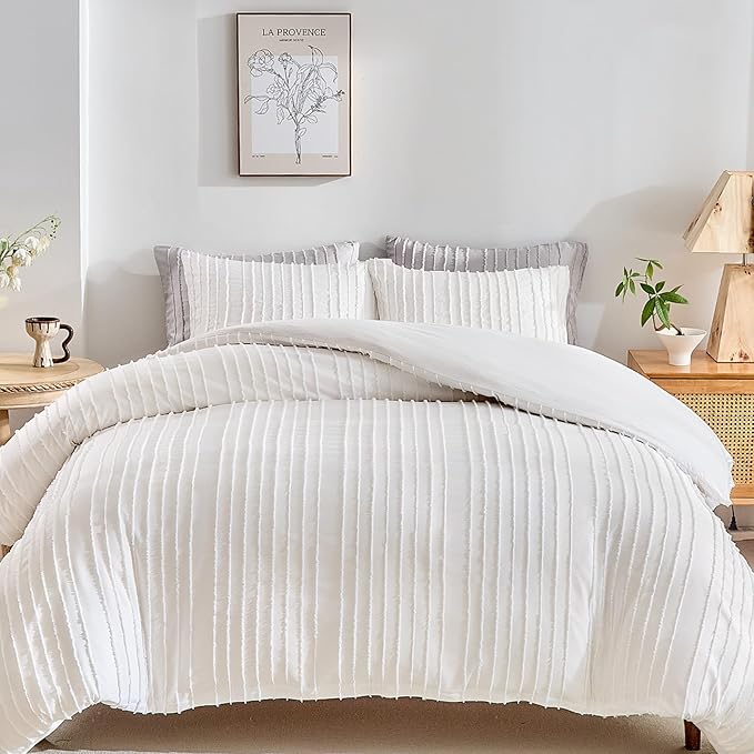 WARMDERN White Boho Duvet Cover Set Full Size, Striped Textured Duvet Cover by WARMDERN