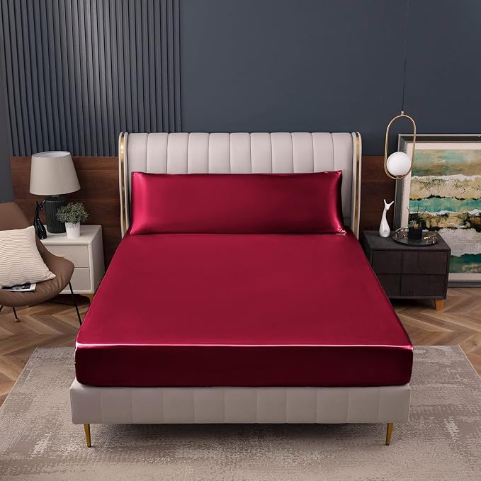 Homiest Burgundy Satin Fitted Sheet King Size, Deep Pocket, Luxury & Ultra Soft - Image 2