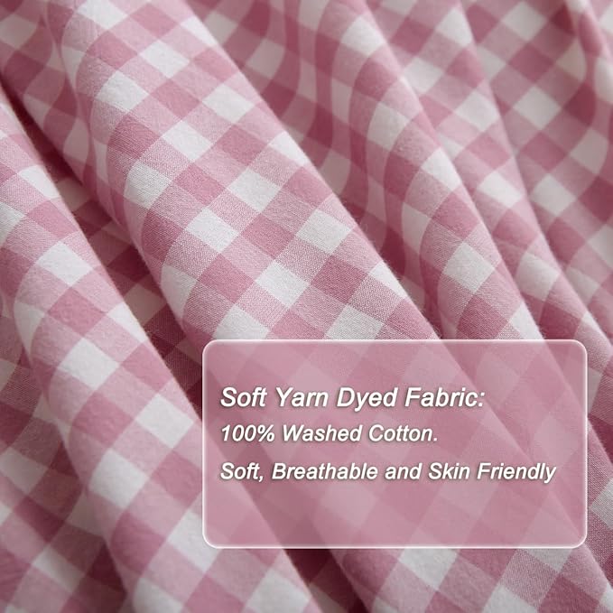 Silnuo Vintage Pink/White Plaid Ruffle 3-Piece Duvet Cover Set King Size - Image 5