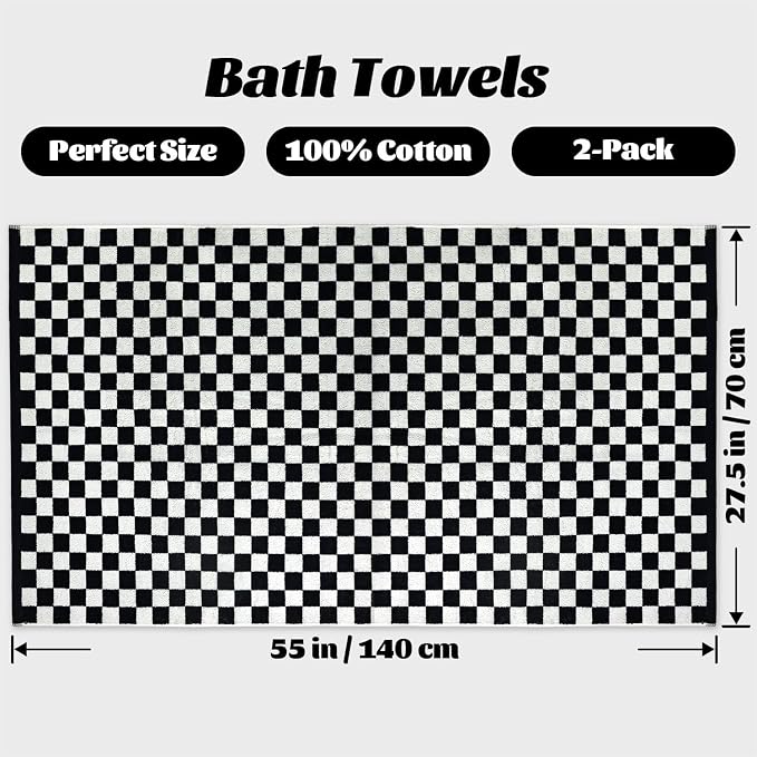 Jacquotha Black and White Checkered Cotton Bath Towels Set of 2 - Image 4