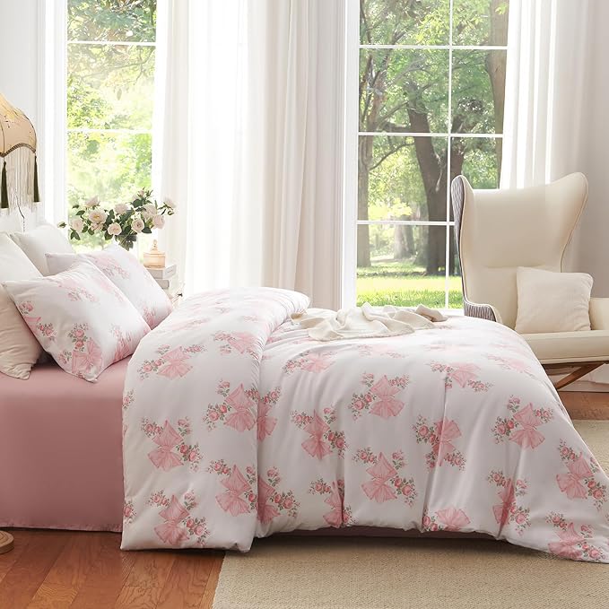 Nayoroom Pink Bow Duvet Cover Queen Size Coquette Pink Floral Duvet Cover 3 - Image 4