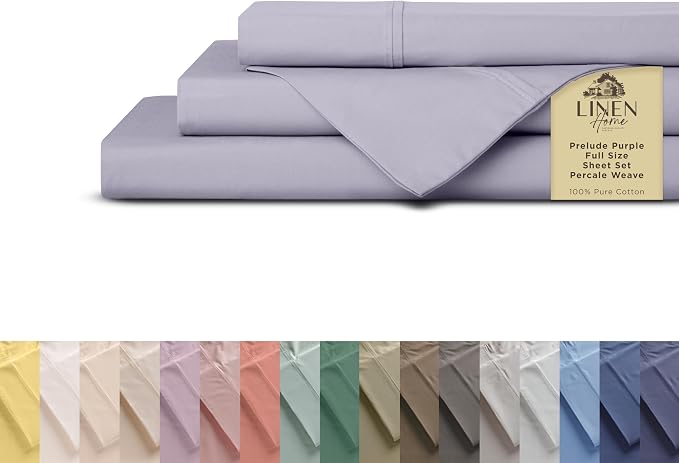 Linen Home 100% Cotton Percale Sheets Full Size, Prelude Purple, Deep Pocket by LINENHOME