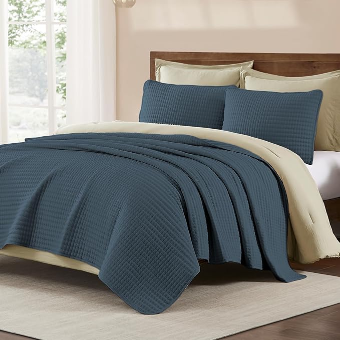 WRENSONGE Queen Quilt-3 Pieces Lightweight Navy Blue Bedspreads Queen Size - Image 2