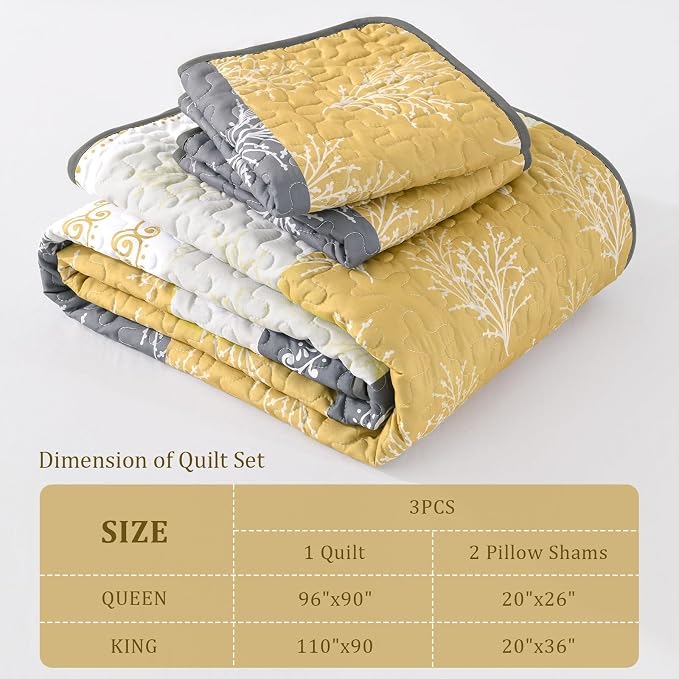 DJY Yellow Boho Quilt Set Queen Size, Striped Floral Yellow and Grey Bedspread - Image 8