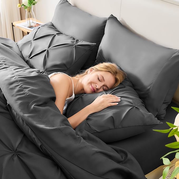 HIMEET Pintuck Bed in a Bag, 7 Pieces Queen Size Comforter Set Dark Grey - Image 7