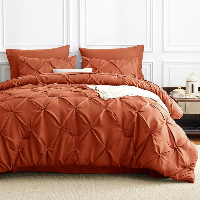 HIMEET Pintuck Bed in a Bag, 7 Pieces King Size Comforter Set Burnt Orange - Image 9