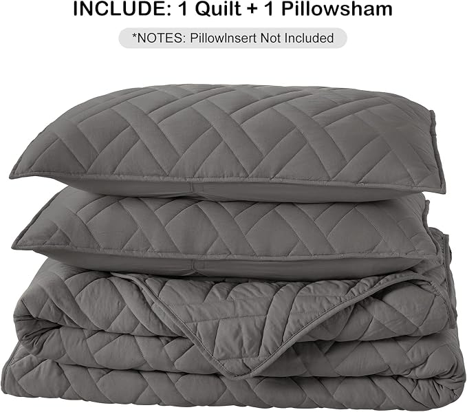 HORIMOTE HOME Quilt Set Twin Size Grey, Classic Geometric Diamond Stitched - Image 7