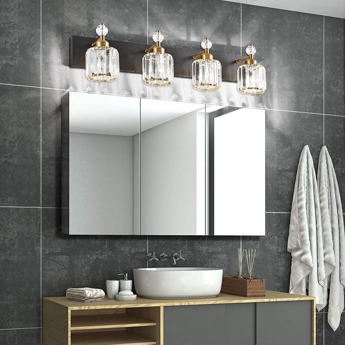 PRESDE 4-Light Crystal Bathroom Vanity Light, Modern Black and Gold Bathroom - Image 2