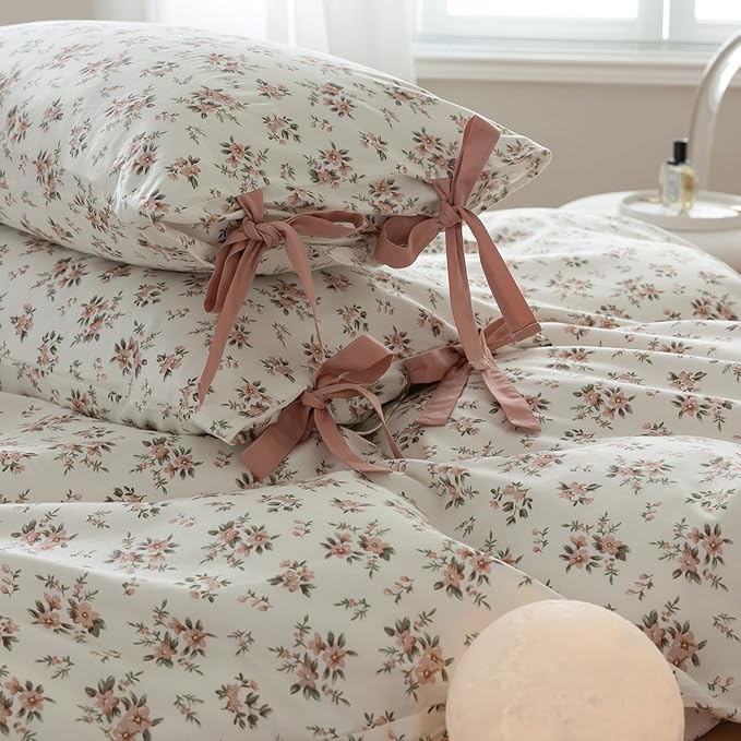 mixinni Vintage Style Girls Pale Pink Flower Pattern Duvet Cover Queen Soft - Image 3