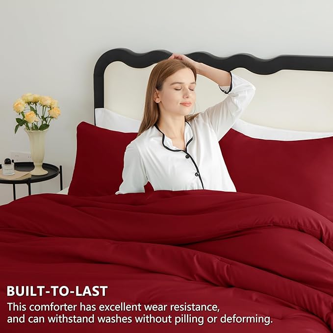 CozyLux Full Size Comforter Set Dark Red, 3 Pieces Solid Breathable Quilted - Image 3