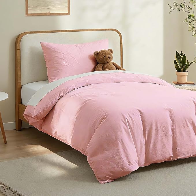 LOVQUE Pink Cotton Duvet Cover Twin Size, Linen Like Natural Bedding Set - Image 2