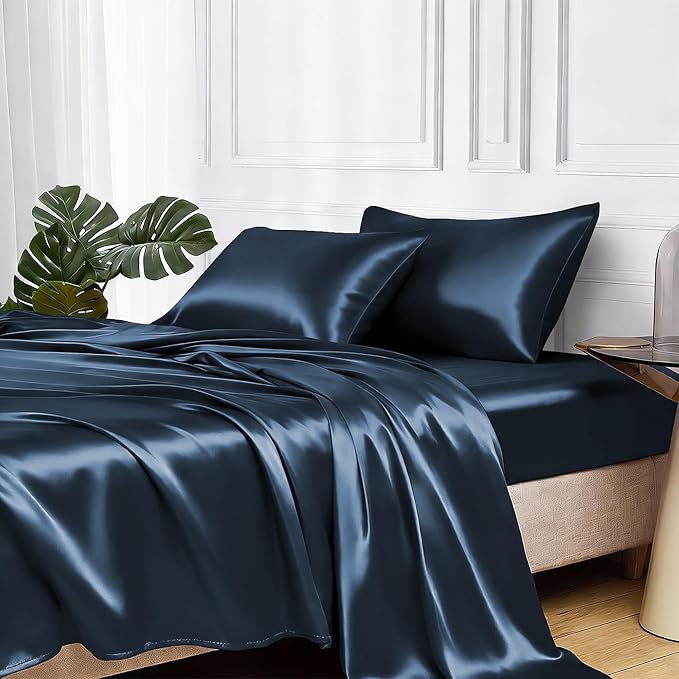MR&HM Satin Bed Sheets with Elastic Corner Straps, Queen Size Sheets Set by MRHM