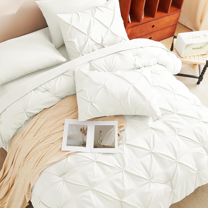 HIMEET Pintuck Bed in a Bag, 7 Pieces King Size Comforter Set Ivory, Luxury - Image 4