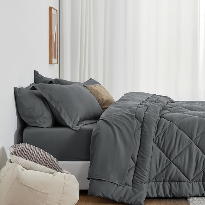 Love's cabin Queen Comforter Set Dark Grey, 7 Pieces Queen Bed in a Bag - Image 3