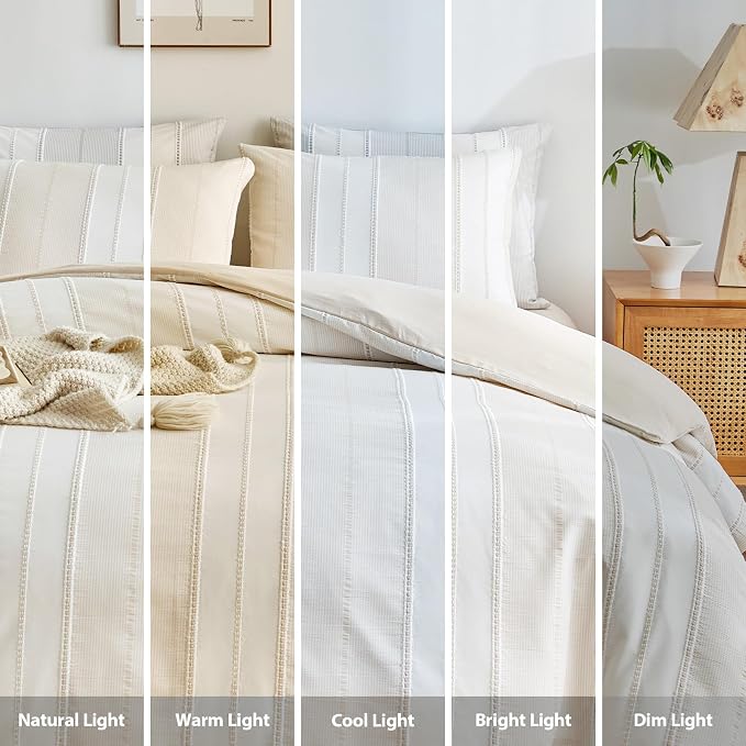 WARMDERN Khaki Striped Weave Duvet Cover Twin Size, Microfiber Textured Bedding - Image 8
