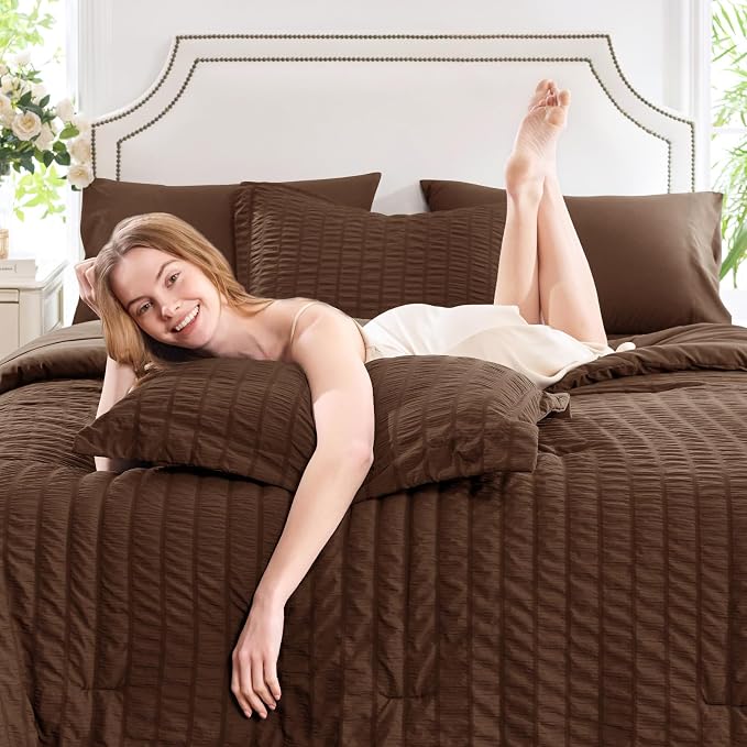 CozyLux Queen Comforter Set Brown Seersucker 7 Pieces Bed in a Bag Queen - Image 8