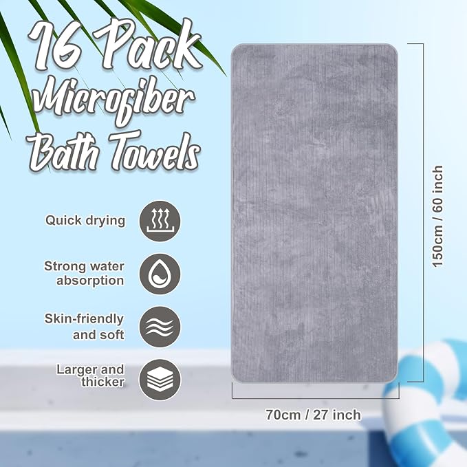 SmoothNovelty 16 Pack Microfiber Bath Towels Bulk 27'' x 60'' Oversized Size - Image 2