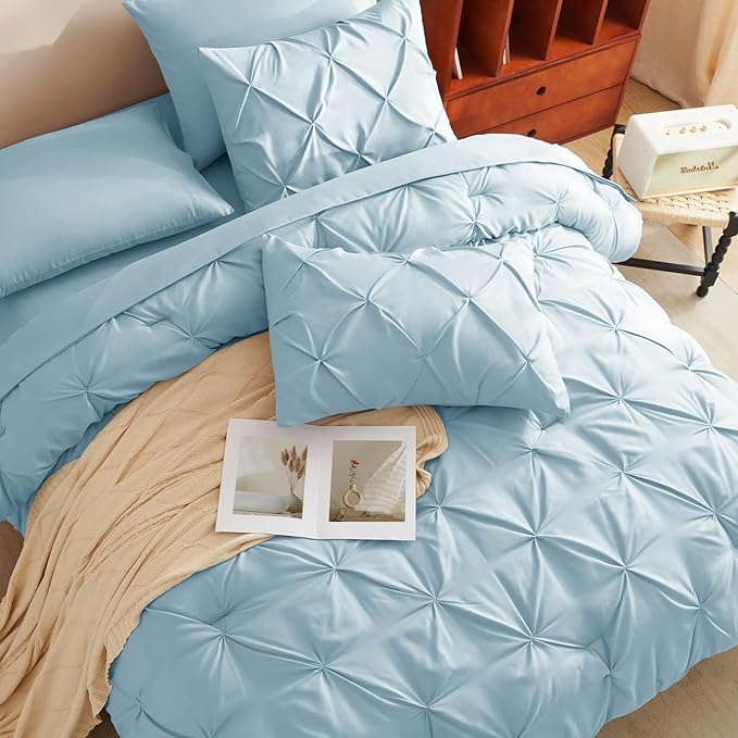 CozyLux King Size Comforter Set Light Blue, 7 Pieces Pintuck Bed in A Bag Blue - Image 4