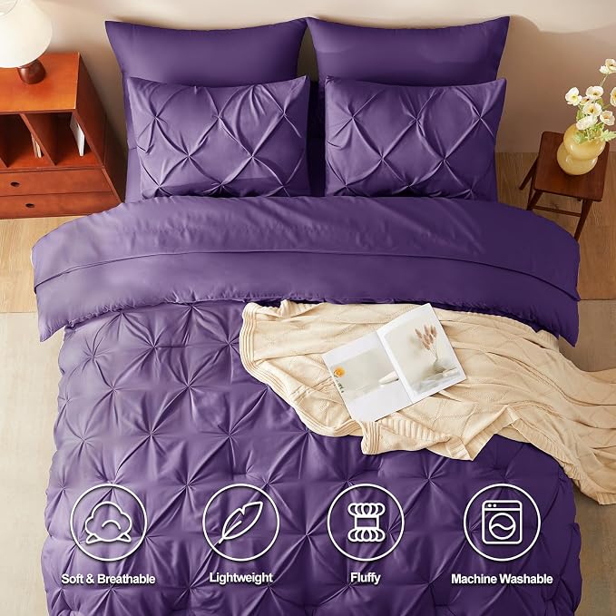 CozyLux Full Size Comforter Sets Purple, 7 Pieces Pintuck Bed in A Bag Purple - Image 2