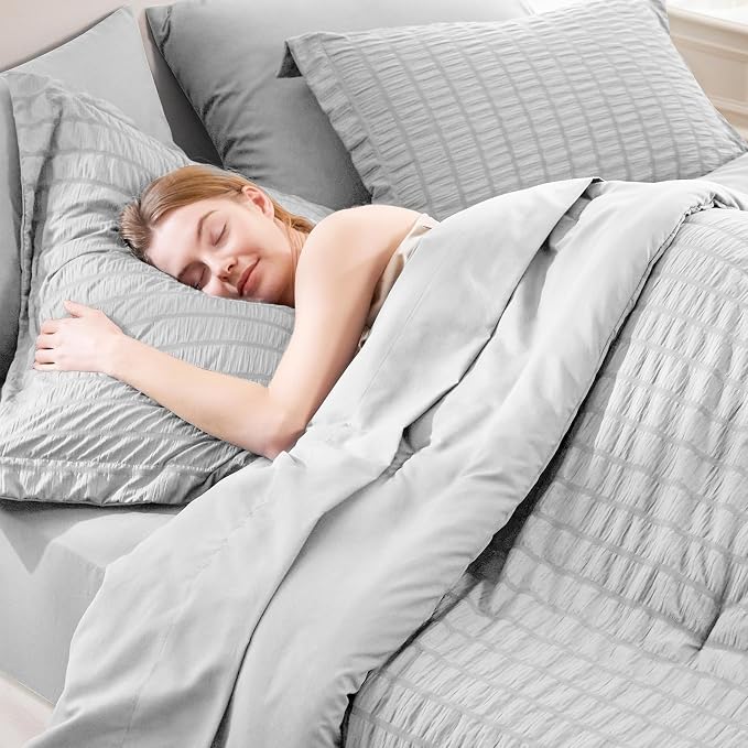 CozyLux Oversized King Comforter Set Light Grey Seersucker 7 Pieces 120x98 Bed - Image 5