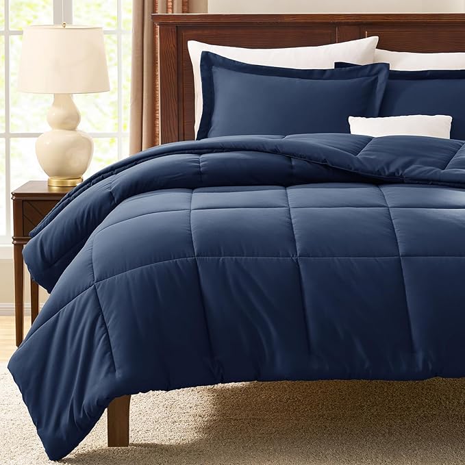 CozyLux Super King Plus Comforter Set, 3 Pieces Navy Blue 128x120 Box Stitched - Image 7